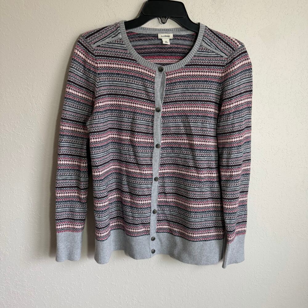 L.L.Bean Gray Pink Fair Isle Cotton Cashmere Blend Button Cardigan Womens MP
